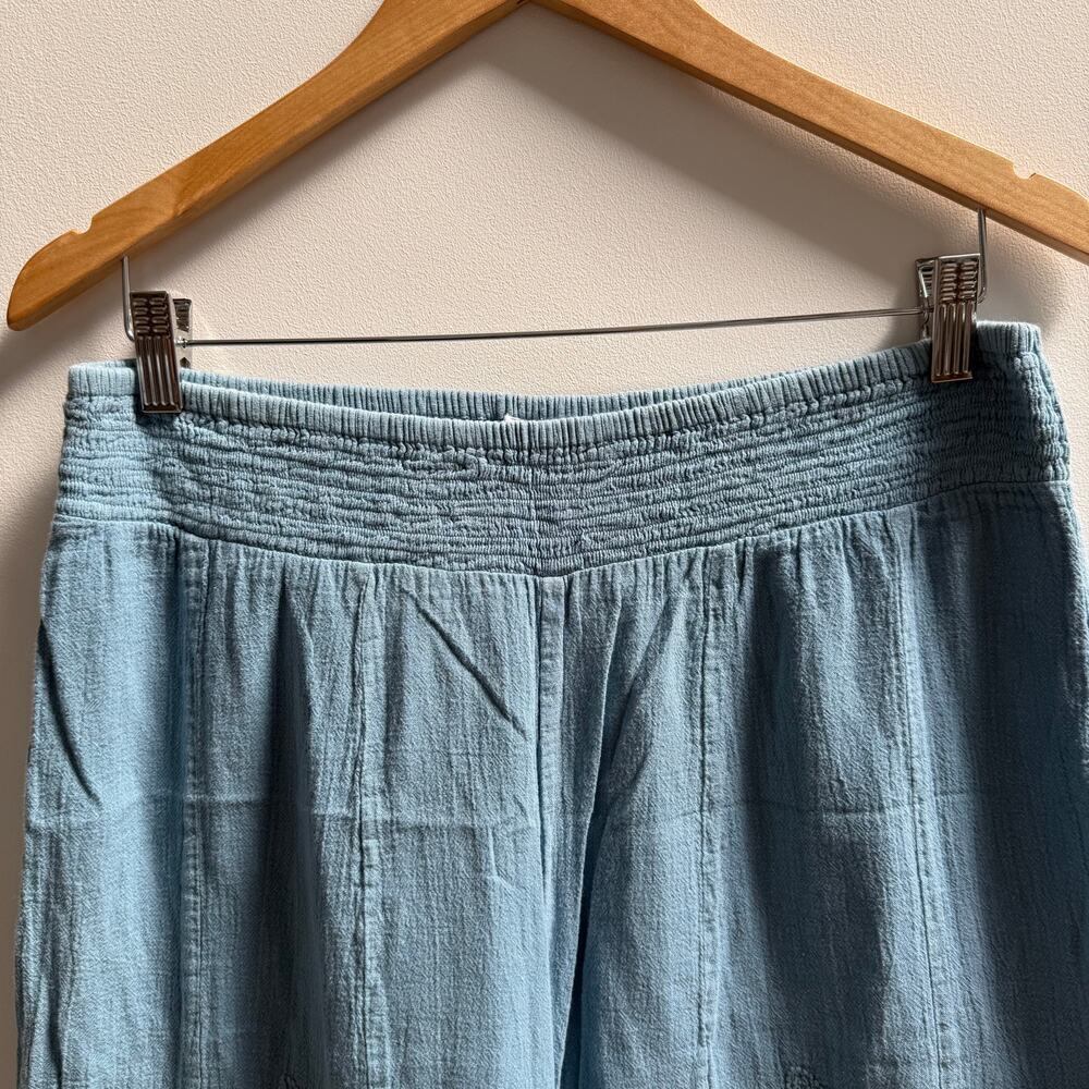 Boho Hippy Wide Leg Ankle Pants SZ S Gauze Embroidered Blue Cotton Stretch Waist - Picture 5 of 7
